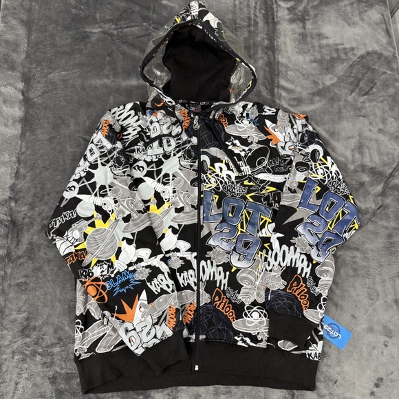 Vintage Lot 29 Hoodie Mens XXL Black AOP Full Zip Graphic Y2K Skater Grunge